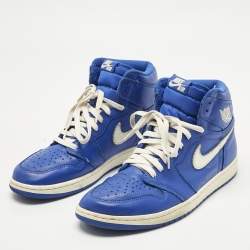 Pre Owned Air Jordans Blue/White Leather Jordan 1 Retro High Hyper Royal Sneakers Size 45