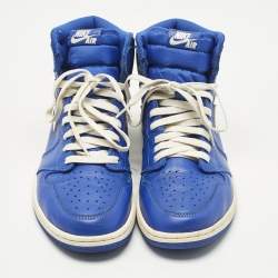 Pre Owned Air Jordans Blue/White Leather Jordan 1 Retro High Hyper Royal Sneakers Size 45
