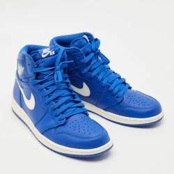 Pre Owned Air Jordans Blue Leather Air Jordans 1 Retro High Top Sneakers Size 44