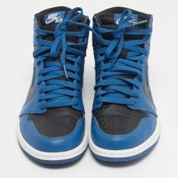Pre Owned Air Jordans Blue/Black Leather Jordan 1 Retro High OG Dark Marina Blue Sneakers Size 42.5