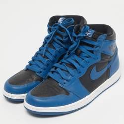 Pre Owned Air Jordans Blue/Black Leather Jordan 1 Retro High OG Dark Marina Blue Sneakers Size 42.5