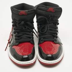 Pre Owned Air Jordans Black/Red Patent Leather Jordan 1 Retro High OG Bred Sneakers Size 42.5