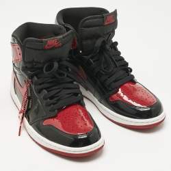 Pre Owned Air Jordans Black/Red Patent Leather Jordan 1 Retro High OG Bred Sneakers Size 42.5