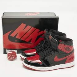 Pre Owned Air Jordans Black/Red Patent Leather Jordan 1 Retro High OG Bred Sneakers Size 42.5