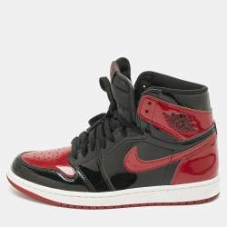 Pre Owned Air Jordans Black/Red Patent Leather Jordan 1 Retro High OG Bred Sneakers Size 42.5