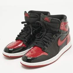 Pre Owned Air Jordans Black/Red Patent Leather Jordan 1 Retro High OG Bred Sneakers Size 42.5