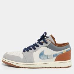 Pre Owned Air Jordans Multicolor Leather Jordan 1 Low SE Phantom Repaired Denim Swoosh Sneakers Size 44