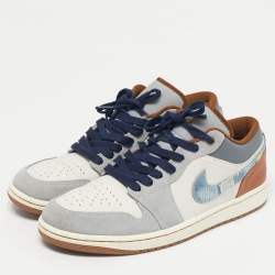 Pre Owned Air Jordans Multicolor Leather Jordan 1 Low SE Phantom Repaired Denim Swoosh Sneakers Size 44