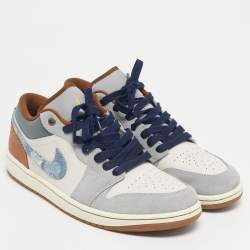 Pre Owned Air Jordans Multicolor Leather Jordan 1 Low SE Phantom Repaired Denim Swoosh Sneakers Size 44