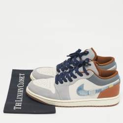 Pre Owned Air Jordans Multicolor Leather Jordan 1 Low SE Phantom Repaired Denim Swoosh Sneakers Size 44