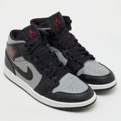 Pre Owned Air Jordans Black/Grey Leather Jordan 1 Mid Shadow Red Sneakers Size 45