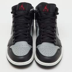 Pre Owned Air Jordans Black/Grey Leather Jordan 1 Mid Shadow Red Sneakers Size 45