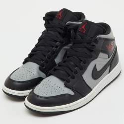 Pre Owned Air Jordans Black/Grey Leather Jordan 1 Mid Shadow Red Sneakers Size 45