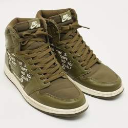 Pre Owned Air Jordans Green Leather and Canvas Jordan 1 Retro High Olive Sneakers Size 45.5