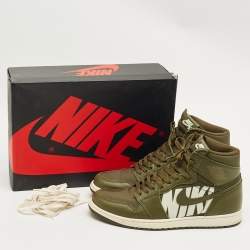 Pre Owned Air Jordans Green Leather and Canvas Jordan 1 Retro High Olive Sneakers Size 45.5