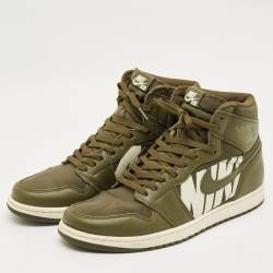Pre Owned Air Jordans Green Leather and Canvas Jordan 1 Retro High Olive Sneakers Size 45.5