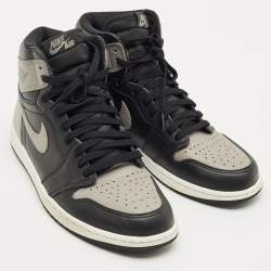 Pre Owned Air Jordans Black/Grey Leather Jordan 1 Retro High Shadow Sneakers Size 45