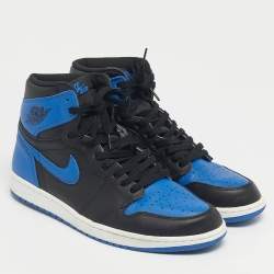 Pre Owned Air Jordans Black/Blue Leather Jordan 1 Retro Royal Sneakers Size 45