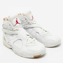 Pre Owned Air Jordans White Leather and Satin Jordan 8 High Top Sneakers Size 44