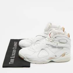 Pre Owned Air Jordans White Leather and Satin Jordan 8 High Top Sneakers Size 44