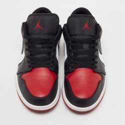Pre Owned Air Jordans Black/Red Leather Jordan 1 Low Bred Toe Sneakers Size 45