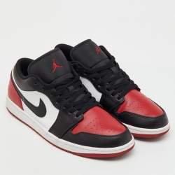Pre Owned Air Jordans Black/Red Leather Jordan 1 Low Bred Toe Sneakers Size 45