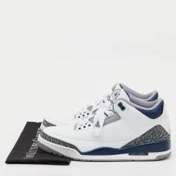 Pre Owned Air Jordans White/Navy Blue Leather Jordan 3 Retro Midnight Navy Sneakers Size 45