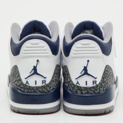 Pre Owned Air Jordans White/Navy Blue Leather Jordan 3 Retro Midnight Navy Sneakers Size 45