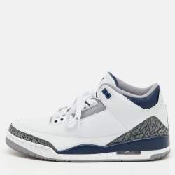 Pre Owned Air Jordans White/Navy Blue Leather Jordan 3 Retro Midnight Navy Sneakers Size 45