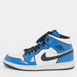 Pre Owned Air Jordans Air Jordan 1 Mid Signal Size 47 Blue/White Leather and Patent High Top Sneakers