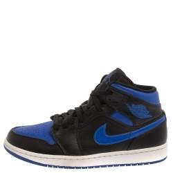 Pre Owned Air Jordan Black/Blue Leather And Nylon Air Jordan 1 Retro Royal Toe High Top Sneakers Size 43
