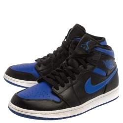 Pre Owned Air Jordan Black/Blue Leather And Nylon Air Jordan 1 Retro Royal Toe High Top Sneakers Size 43