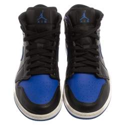 Pre Owned Air Jordan Black/Blue Leather And Nylon Air Jordan 1 Retro Royal Toe High Top Sneakers Size 43