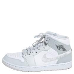 Pre Owned Air Jordan 1 Mid Grey/White Leather Camo High Top Sneakers Size 43