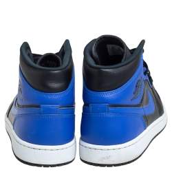 Air Jordan Black/Blue Leather and Fabric 1 Mid Sneakers Size 47.5
