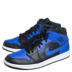 Air Jordan Black/Blue Leather and Fabric 1 Mid Sneakers Size 47.5