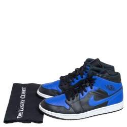 Air Jordan Black/Blue Leather and Fabric 1 Mid Sneakers Size 47.5