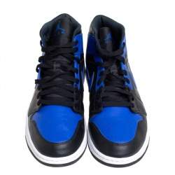 Air Jordan Black/Blue Leather and Fabric 1 Mid Sneakers Size 47.5