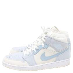 Pre Owned Air Jordans White-Light Blue Leather And Suede 1 Retro COJP Sneakers Size 47