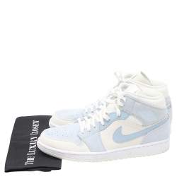 Pre Owned Air Jordans White-Light Blue Leather And Suede 1 Retro COJP Sneakers Size 47