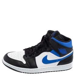 Pre Owned Air Jordan 1 White/Black Racer Blue Leather and Fabric Mid Sneakers Size 46
