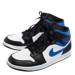 Pre Owned Air Jordan 1 White/Black Racer Blue Leather and Fabric Mid Sneakers Size 46