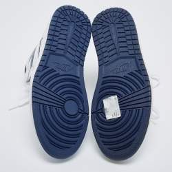 Air Jordans White/Metallic Navy Blue Leather Jordan 1 Retro High OG Sneakers Size 42