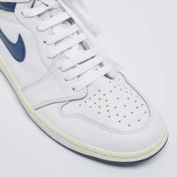 Air Jordans White/Metallic Navy Blue Leather Jordan 1 Retro High OG Sneakers Size 42