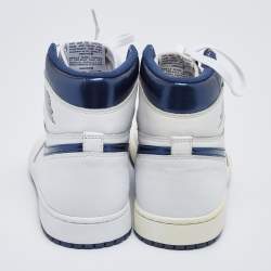 Air Jordans White/Metallic Navy Blue Leather Jordan 1 Retro High OG Sneakers Size 42