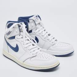 Air Jordans White/Metallic Navy Blue Leather Jordan 1 Retro High OG Sneakers Size 42