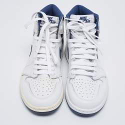 Air Jordans White/Metallic Navy Blue Leather Jordan 1 Retro High OG Sneakers Size 42
