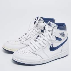 Air Jordans White/Metallic Navy Blue Leather Jordan 1 Retro High OG Sneakers Size 42
