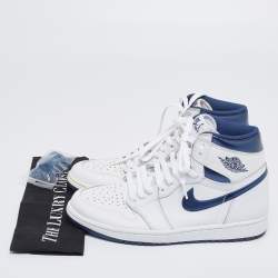 Air Jordans White/Metallic Navy Blue Leather Jordan 1 Retro High OG Sneakers Size 42