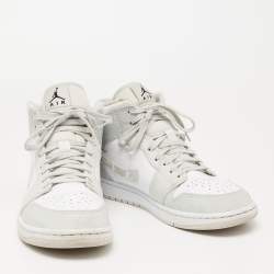 Pre Owned Air Jordan 1 Mid Grey/White Leather Camo High Top Sneakers Size 44